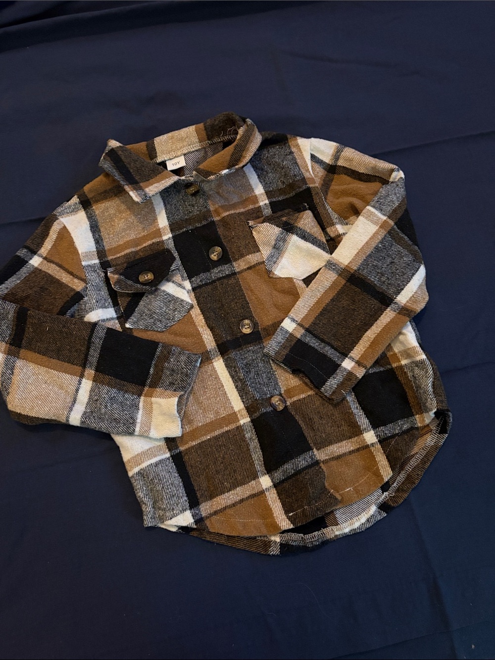 SHEIN Brown Black & Cream Plaid Button-Front Kids Shirt